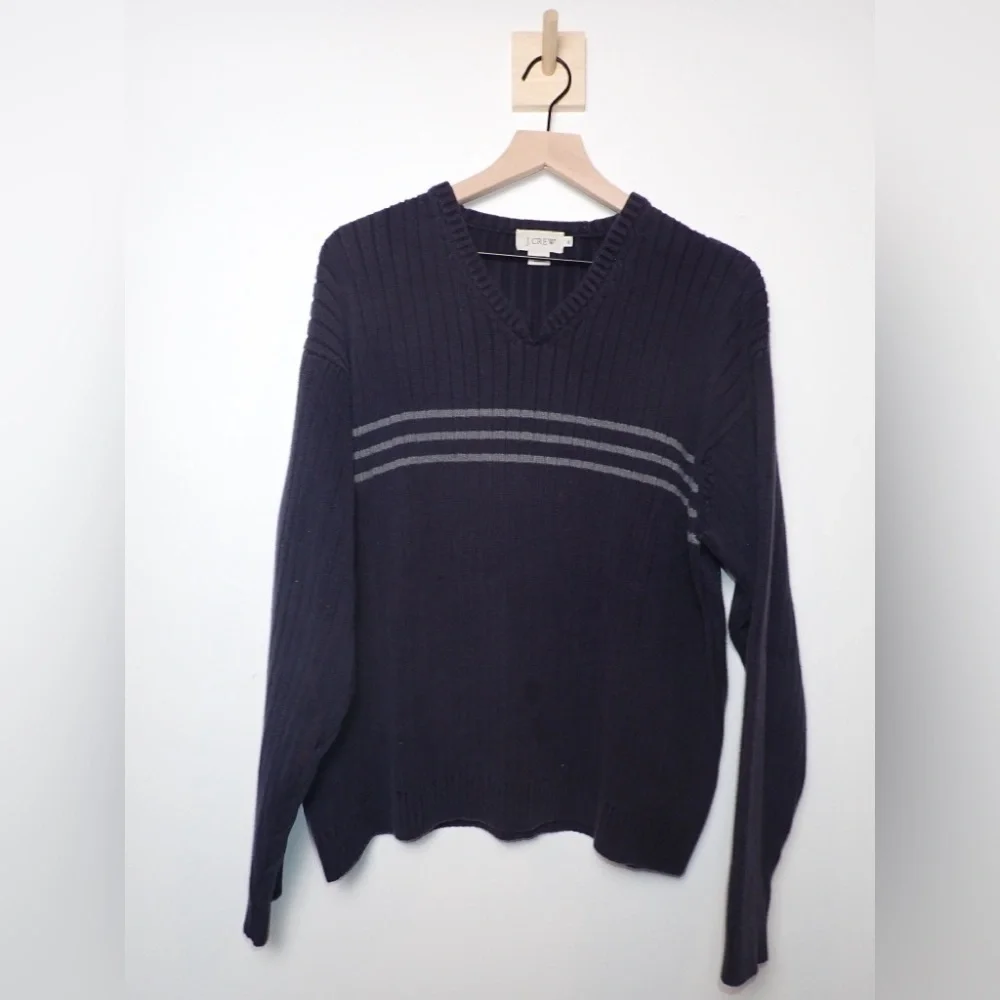 J. Crew 100% Cotton Navy and White Stripe Knit Heavyweight V Neck Sweater Sz XL